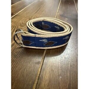 VTG Leather Man CANVAS RIBBON BELT PREPPY TRAD MALLARD DUCK BRASS RING Medium